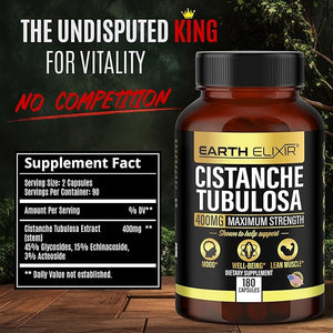 Earth Elixir Cistanche Tubulosa 400 mg (180 Capsules) 3 Months Supply ? Made in USA - 3rd Party Tested - Cistanche Supplement - Zero Fillers - Max Purity - Nootropics - 100% Pure Cistanche Herb