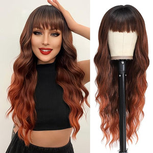 NAYOO Auburn Wigs with Bangs - Long Curly Wavy Hair Heat Resistant Synthetic Fiber for Daily Party Use 26 Inches (Ombre Auburn)