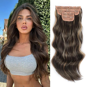 Vigorous Clip in Hair Extensions 20Inch Brown &amp Blonde Highlights Hair Extension Clip Ins 4Pcs Long Wavy Soft Synthetic Hairpieces for Women Girls Daily Use Event Party Use