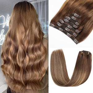 Clip in Hair Extensions Real Human Hair - 130g 7pcs Ombre Chocolate Brown to Caramel Blonde Balayage Color - Soft Hair Extensions Real Human Hair Clip ins Straight for Women (14 Inch)