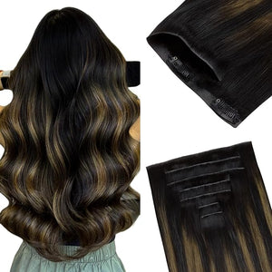 GOO GOO Invisi Edge Clip in Hair Extensions 24inch 120g 7Pcs Injected Seamless PU Clip in Hair Extensions Virgin Real Human Hair 1B/6/1B Balayage Natural Black to Chestnut Brown