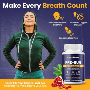 Happy Runner: Pre-Run - Enhances Breathing Improved Oxygen Delivery Respiratory Efficiency Boosts Endurance Nitric Oxide Booster Improved Blood Flow Running Supplements Cardiovascular Health