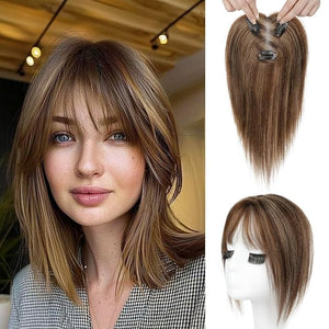REECHO Hair Toppers for Women Real Human Hair, Seamless Human Hair Toppers with Bangs, 360¡Æ 3D Cover Clip in Bangs Hair Extensions for Daily Wear, Medium Brown with Highlights
