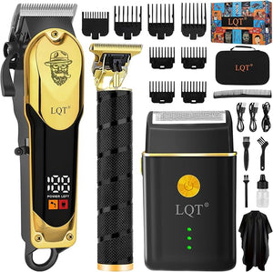 3-in-1 Barber Kit, Professional Hair Clipper, T-Blade Trimmer &amp; Foil Shaver Set, Long-Lasting Battery, LED Display, Cordless Rechargeable Hair Cutting Tools for Men, Gold, Home-use, Gifts for Men