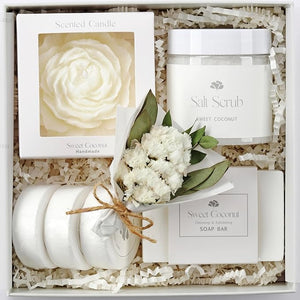 Sweet Coconut Small Spa Gift Set for Women ? Relaxation Gift Basket with Candle Soap Salt Scrub &amp Shower Steamers ? Unique Birthday Bridal Shower Christmads Thank You &amp Self Care Gifts