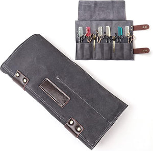 Salon Scissors Bag Roll Up, 12 Pockets Genuine Leather Stylist Grooming Scissors Holder Barber Hair Scissor Shears Cases for Hairdressers (HJ-ZP011-Grey)