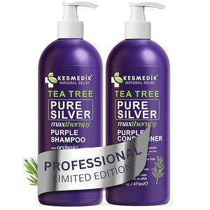 Tea Tree Purple Shampoo &amp Conditioner Set Professional Anti-Brass Toner Neutralizes Yellow Tones for Grey Silver Ash &amp Bleached Highlighted Color Treated Dry &amp Itchy Scalp Relief