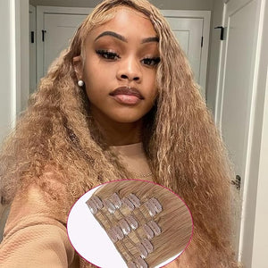 Honey Blonde Clip in Hair Extensions Real Human Hair Clip Ins 125g Kinky Straight Human Hair Extension for Women 8pcs/set with 18clips Double Weft Blonde Hair Clip on Hair Extensions (24 Inch)