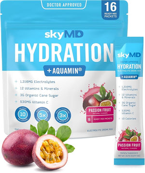 skyMD Daily Hydration | Electrolytes Powder Packets | Low Sugar, 10 Calories | 12 Vitamins &amp; Minerals, Sodium | Drink Mix for Energy and Recovery | Passion Fruit | 16 Sticks