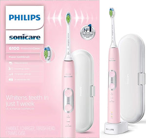 Philips Sonicare ProtectiveClean 6100 Rechargeable Electric Toothbrush with Pressure Sensor 3 Cleaning Modes SmarTimer and QuadPacer 14-Day Battery Life Travel Case Pink Model HX6876/21