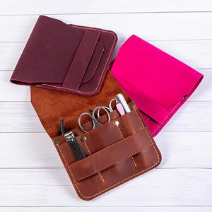Leather Manicure Set Case Grooming Kit Organizer (Burgundy)