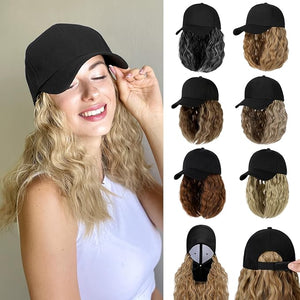 Baseball Hat Wig,Hat with Hair attached 16'' Adjustable Black Cap with Wavy Curly Synthetic Bob Hair Extensions for Women Girls(Medium Brown)