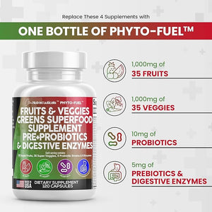 Clean Nutraceuticals Fruits and Veggies Supplement Reds &amp; Green Superfood - Balance of Over 70 Fruit &amp; Vegetable Supplements Capsules with Probiotics Prebiotics Digestive Enzymes - 120 Ct USA