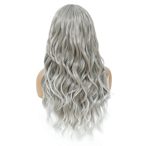 SWACC Long Curly Wavy Wig with Bangs Synthetic Hair Wig for Women with Wig Cap (Grey Silver Ombre)
