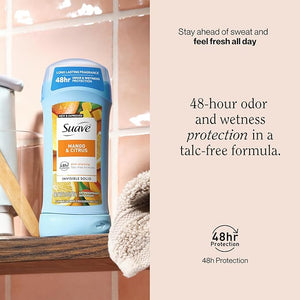 Suave Antiperspirant Deodorant For Women, Invisible Underarm Deodorant, 48hr Odor &amp; Wetness Protection, Mango Citrus, Sensitive Skin Deodorant Solid Stick, 2.6 oz (12 Bulk Pack)