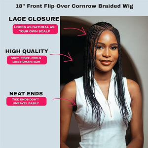 Wow Braids 18 Full 360 HD Transparent Lace Front Flip Over Cornrow Braided Wig with Baby Hair - Synthetic hand-made box braids wig for black women.