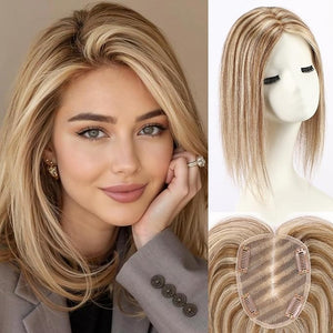 starluck Human Hair Toppers for Women Real Human Hair No BangsSilkHug Hand-woven Free Part 4*4.8 Base Cover Gray RootsBreathable £¨Mixed Blonde And Brown£©