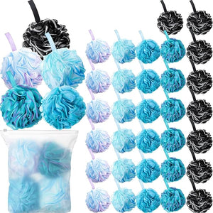 Shellwei 32 Pcs Bath Sponge Shower Loofahs Bulk 60 g Charcoal Body Shower Large Mesh Puff Soft Scrubber for Men and Women Exfoliating Pouf Balls with Bathing Accessories