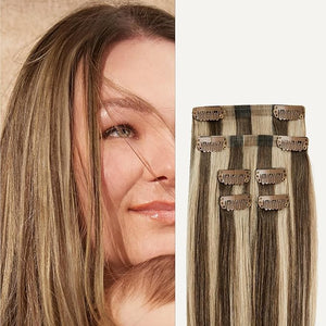 Luxy 100% Remy Human Hair Extensions for Thin Hair Thinning Hair Fill-Ins ? 6 Seamless Wefts Multi-Dimensional Color Blend - Natural-Looking Volume &amp Coverage 95 grams 20 Ash Brown Highlights