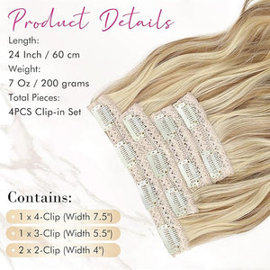 REECHO Clip in Hair Extensions 4PCS Hair Extensions 24 Thick Long Beach Waves hair extensions HE003 Invisible Lace Weft ? Medium Blonde with Blonde Highlights