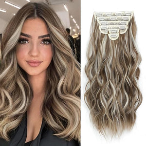Hair Extensions Clip ins 6 PCS Wavy Extensions Brown with Blonde Highlights Thick Hairpieces Blends Well Hair (16Inch 6PCS Brown with Blonde Highlights)