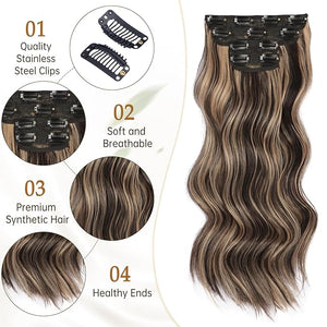Vigorous Clip in Hair Extensions 20 Inch Brown mix Blonde Hair Extension 4PCS Long Wavy Soft Synthetic Hairpieces for Women