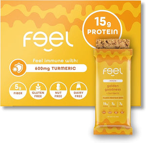 Feel Vegan Protein Bars | Golden Goodness | Keto | Gluten Free | Organic | Turmeric | 15g Protein | Low Carb | Dairy Free | Grain Free | Nut Free | Soy Free | Non GMO - 10 Pack