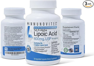 IMMUNOVITES 3-Pack Stabilized R-Alpha Lipoic Acid ((True)) 600mg per Serving [[High Potency &amp up to 40x Increased Absorption]] (Na R-ALA) (Na R-LA) (Na R-Lipoate) (3 Bottles)