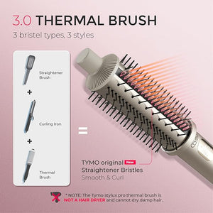 TYMO STYLUX PRO Thermal Brush Curling Brush 1.5 Inch Blowout Heated Round Volumizer Hair Straightener and Curler 2 in 1 800M Negative Ion for Smoother LCD Display 5 Temp Dual Voltage Gold