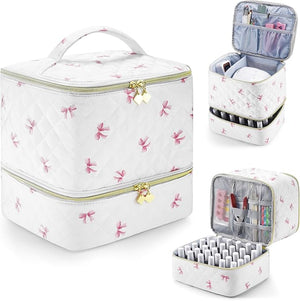 PU Leather Nail Polish Organizer and Nail Lamp Case, Nail Kit Organizer Holds 30+ Bottles (15ml - 0.5 fl.oz) and a Nail Lamp, Nail Polish Carrying Case with Manicure Tools Storage Sections (Pink Bow)