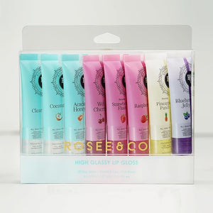 ROS?E &amp; CO Rosee Lip Gloss Vegan &amp; Cruelty Free Treatment, Professional Make up, Long Lasting Glossy with Shea Butter, Moisturize, Protect &amp; Smooth, High Shine, Non-Sticky - Set of 8-1