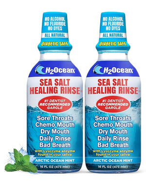 2 Pack H2Ocean Healing Rinse Mouthwash- Great Tasting Sea Salt &amp Xylitol Mouth Wash for Fresh Breath &amp Dry Mouth - Alcohol &amp Fluoride Free - Arctic Ocean Mint 16oz