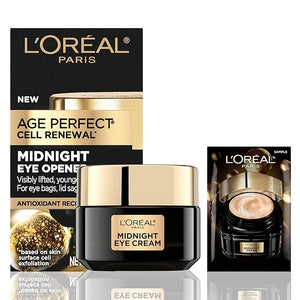 L'Oreal Paris Age Perfect Cell Renewal Midnight Eye Cream Antioxidant-Rich Under Eye Cream to Treat 8 Signs of Aging Includes Night Cream Sample