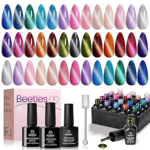 Beetles Cat Eye Gel Nail Polish Set - 20 Colors Christmas Glitter Red Green Blue Brown Black Nude Pink Magnetic Base Matte Glossy Top Coat Galaxy Gemlight Soak Off UV Manicure Salon Gift for Women