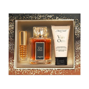 Very Oud Gift Set - Woody Amber Fragrance - Perfume for Women and Body Lotion - Notes of Vanilla Raspberry Rose Lychee Leather - 3 pc