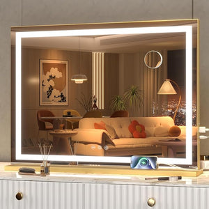 Hasipu Vanity Mirror with Lights 23 x 18 LED Makeup Mirror Lighted Makeup Mirror with Dimmable 3 Modes Touch Screen Control Vanity Mirror Square Gold