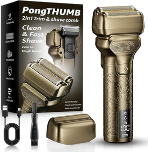 Electric Foil Shaver for Men: Rechargeable Razor with Push-Up Trimmer for Face - Cordless Wet/Dry/Anti-Slip Waterproof Shavers with LED Display - Metal Handheld Design Gold