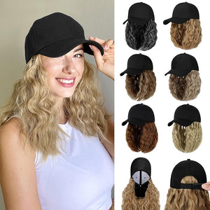 Baseball Hat WigHat with Hair attached 16'' Adjustable Black Cap with Wavy Curly Synthetic Bob Hair Extensions for Women Girls(Dark Black Mix Sliver Gray)