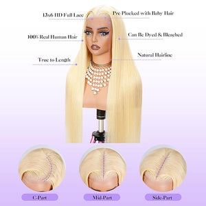 613 13x6 Lace Front Wig Human Hair 250 Density 28 Inch Straight Blonde Wig Human Hair 613 HD Lace Frontal Wigs 13x6, No Synthetic Blend No Tangle No Shedding Triple Lifespan 3X 100% Real Human Hair