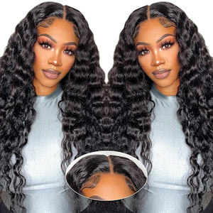 Glueless Wigs Human Hair Pre Plucked Pre Cut Wear and Go Deep Wave Wigs for Women 5x5 HD Lace Closure Raw Human Hair Soft Beginners Friendly 200 Density Natural Color 26 Inch