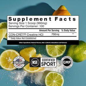 CON-CRET Creatine HCl Powder | Muscle Cognitive Cellular Energy Support | No Bloating or Cramps | USA Made &amp NSF Certified | Lemon Lime (100 Serving)