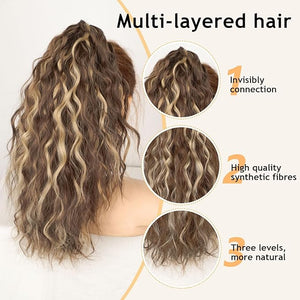 ORSUNCER Claw Clip Ponytail Extension 18 Inch Wavy Pony Tails Hair Extensions Layered Fluffy Clip on ponytails for Women Synthetic Hairpieces Light Brown Mix Blonde