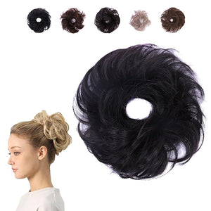 Juvabun Small Messy Bun - Black | Curly Wave Hair Scrunchie | Everyday Wear Fake Bun | Synthetic Hair Scrunchie