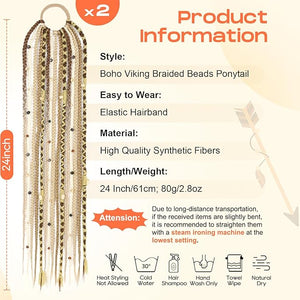SEIKEA 2PCS Boho Braided Ponytail Extension with Hair Tie 24 Long Viking Dreadlock Beads Ponytail Hand-braided Braids Hair Extensions Lightweight Natural Synthetic Hairpiece for Festival Cosplay