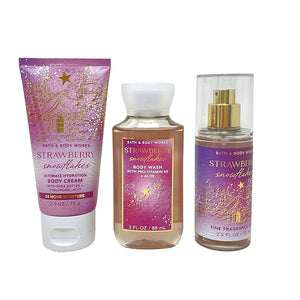 Bath &amp; Body Works Strawberry Snowflakes Mini Gift Box Trio - Fragrance Mist - Body Cream and Body Wash with a Himalayan Salts Springs Sample Soap - Travel Size