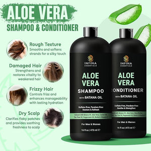 Aloe Vera Shampoo and Conditioner Set | 16 fl oz Each | with Batana Oil | Hydrating Soothing &amp Moisture Balance Formula | Nourishing Care for Dry Itchy or Sensitive Scalp