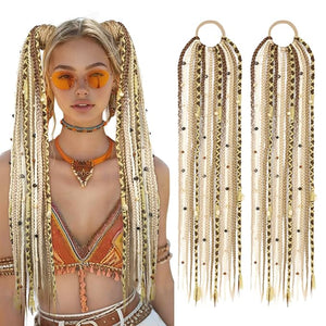 SEIKEA 2PCS Boho Braided Ponytail Extension with Hair Tie 24 Long Viking Dreadlock Beads Ponytail Hand-braided Braids Hair Extensions Lightweight Natural Synthetic Hairpiece for Festival Cosplay
