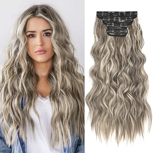 REECHO Hair Extensions 4PCS Clip in Hair Extensions HE001 Natural Soft Synthetic Hairpieces for Women Ash Brown with Platinum Blonde Highlights
