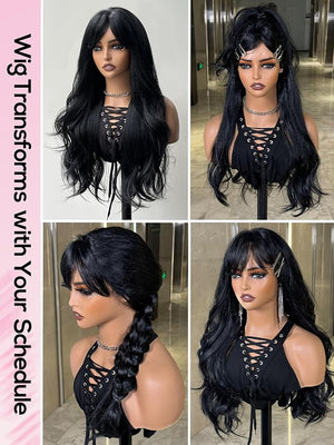 topshe dark brown wigs with bangs long curly heat resistant synthetic wigs for women Natural Looking Wavy Hair Daily Wear &amp Cosplay 24 Inch