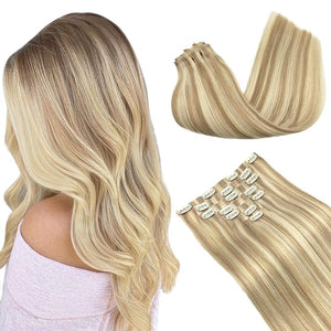 GOO GOO Clip in Hair Extensions Real Human Hair Remy Human Hair Extensions Clip ins for Women Natural Human Hair 18inch 130g 7Pcs 18A/613A Dark Blonde Highlighted Bleach Blonde
